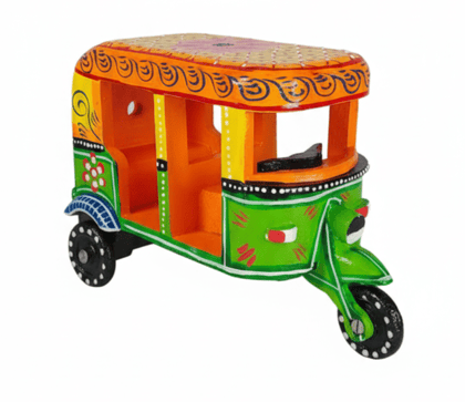 Handcrafted Wooden Auto Rickshaw - Colorful Indian Art