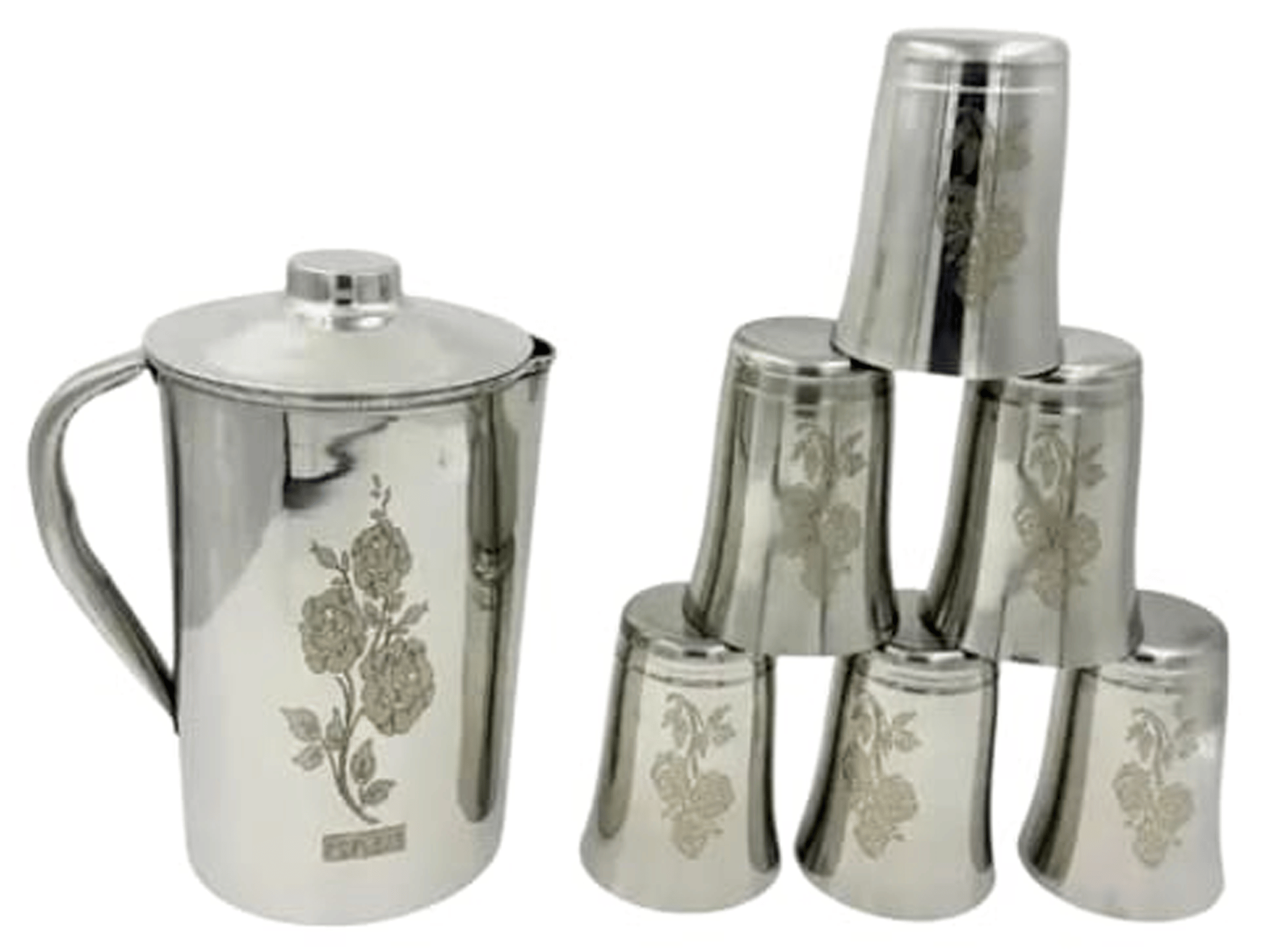 Mii Art Heavy Gauge Stainless Steel Water Jug 2 Litre with lid & 6 Glass Set | Shiny Finish Steel Water Jug & Glasses for Home, Hotel & Office Use (Jug Size: 25 cm)