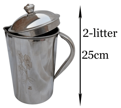 Mii Art Heavy Gauge Stainless Steel Water Jug 2 Litre with lid & 6 Glass Set | Shiny Finish Steel Water Jug & Glasses for Home, Hotel & Office Use (Jug Size: 25 cm)