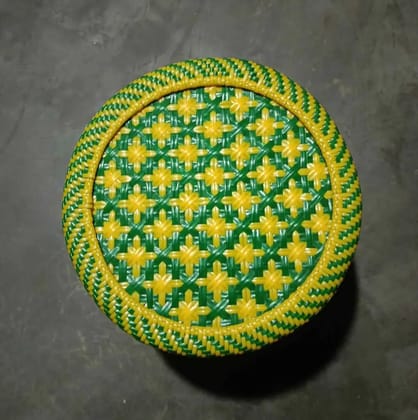 Vibrant Green & Yellow Interwoven Plastic Basket Round Storage Decor