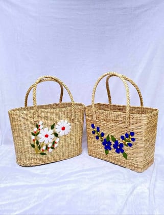 Handcrafted Straw Tote Bags with Floral Embroidery - White Daisies & Blue Blossoms