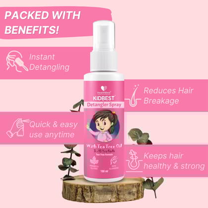 HealthBest Detangler Spray for Kids with Tea Tree Oil | Soft & Shiny Hair | Anti-Frizz, Easy Comb Through, Tangle-Free Hair, Suitable for Curly, Wavy and Straight Hair, Tear, Paraben, SLS Free – 100ml