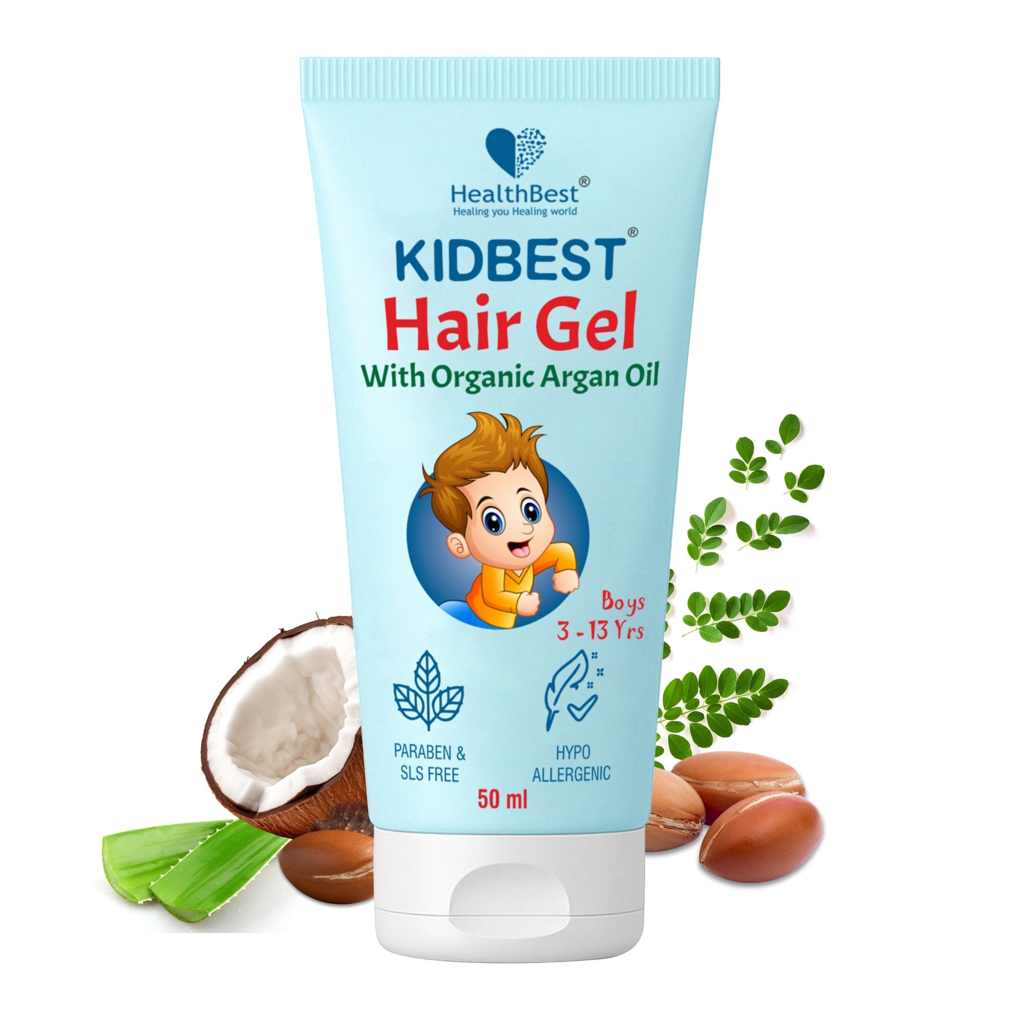 HealthBest Kids Hair Styling Gel - 50 ml - Organic Coconut Aloe Vera, Moringa, Argan & Kertine - Tear & Paraben Free - Enhances Vitamin B5 for Hair Growth & Damage