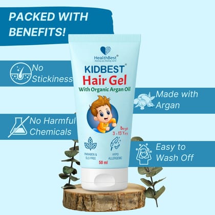 HealthBest Kids Hair Styling Gel - 50 ml - Organic Coconut Aloe Vera, Moringa, Argan & Kertine - Tear & Paraben Free - Enhances Vitamin B5 for Hair Growth & Damage