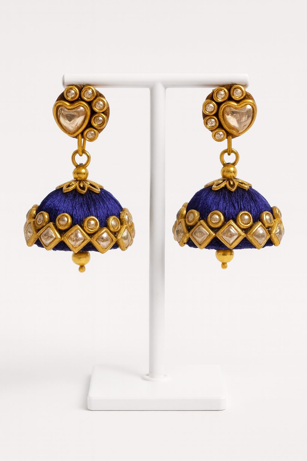 Royal Blue Thread Work Jhumka Earrings with Golden Accents and Stones