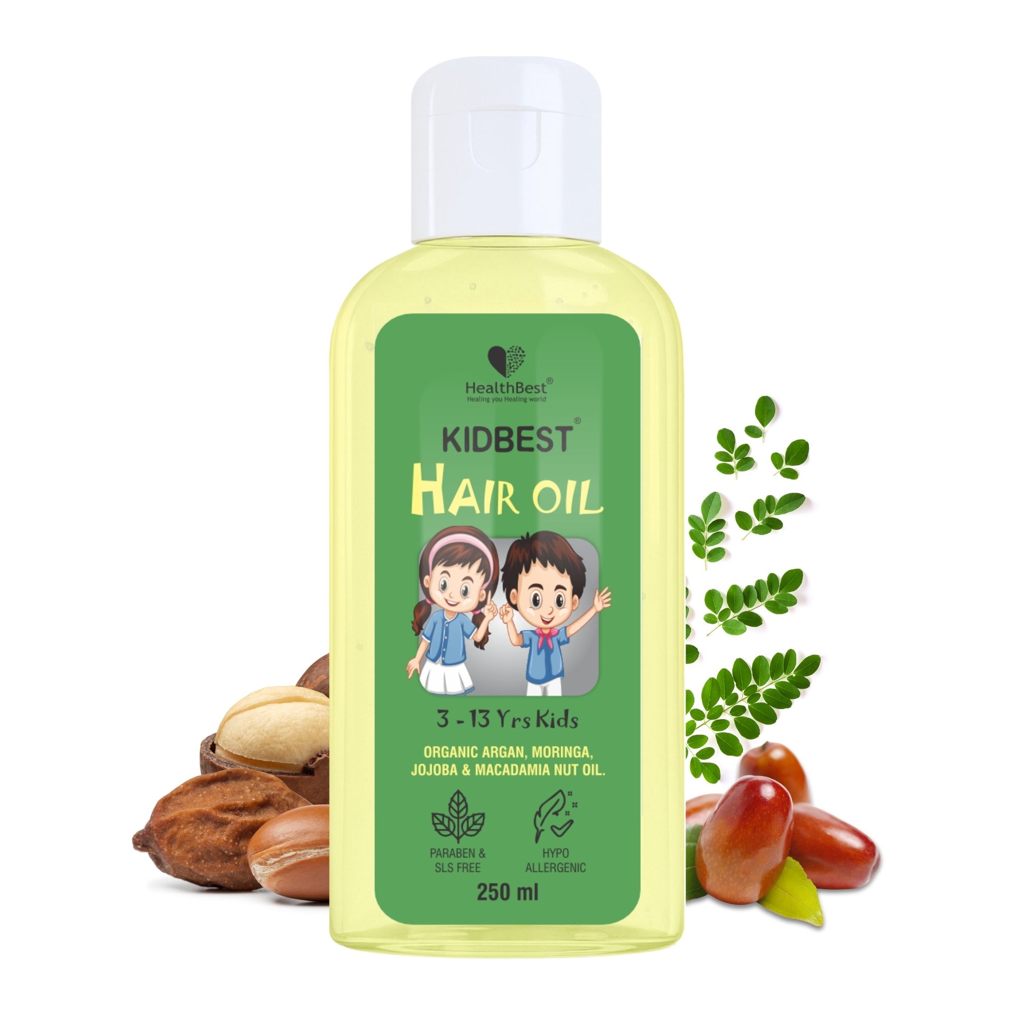 HealthBest Hair Oil for Kids | Organic Argan, Moringa, Jojoba & Macadamia Nut Oil | Hair Growth | Damaged Hair | Tear, Paraben, SLS free - 250ml