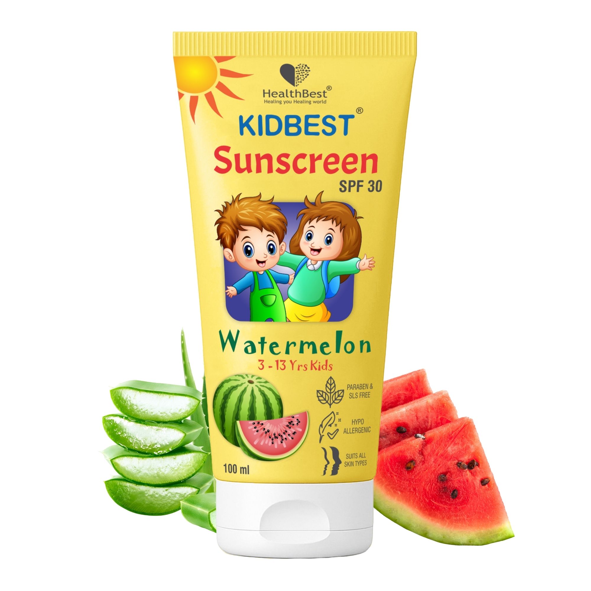 Healthbest Kids Sunscreen SPF 30, PA+++, Tested 100 ml - Cooling Watermelon, Boosts Vitamin D Absorption, Prevents Tanning, Vegan Hydrates All Skin Types