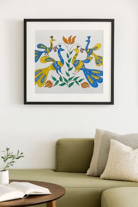 Hand-Painted Peacock Mithila Folk Art Canvas Painting with Black Frame Hand-Painted Peacock Mithila Folk Art Canvas Painting with Black Frame