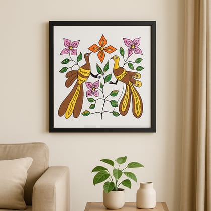 Vibrant Madhubani Folk Art Painting with Birds and Floral Motifs