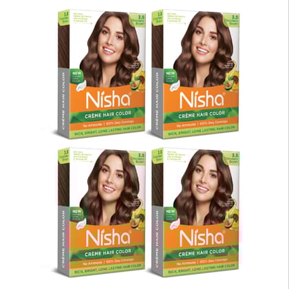 Nisha Creme Hair Color Chocolate Brown 40gm Pack of 4, Permanent Hair Color for Women Men, No Ammonia, 100% Grey Coverage