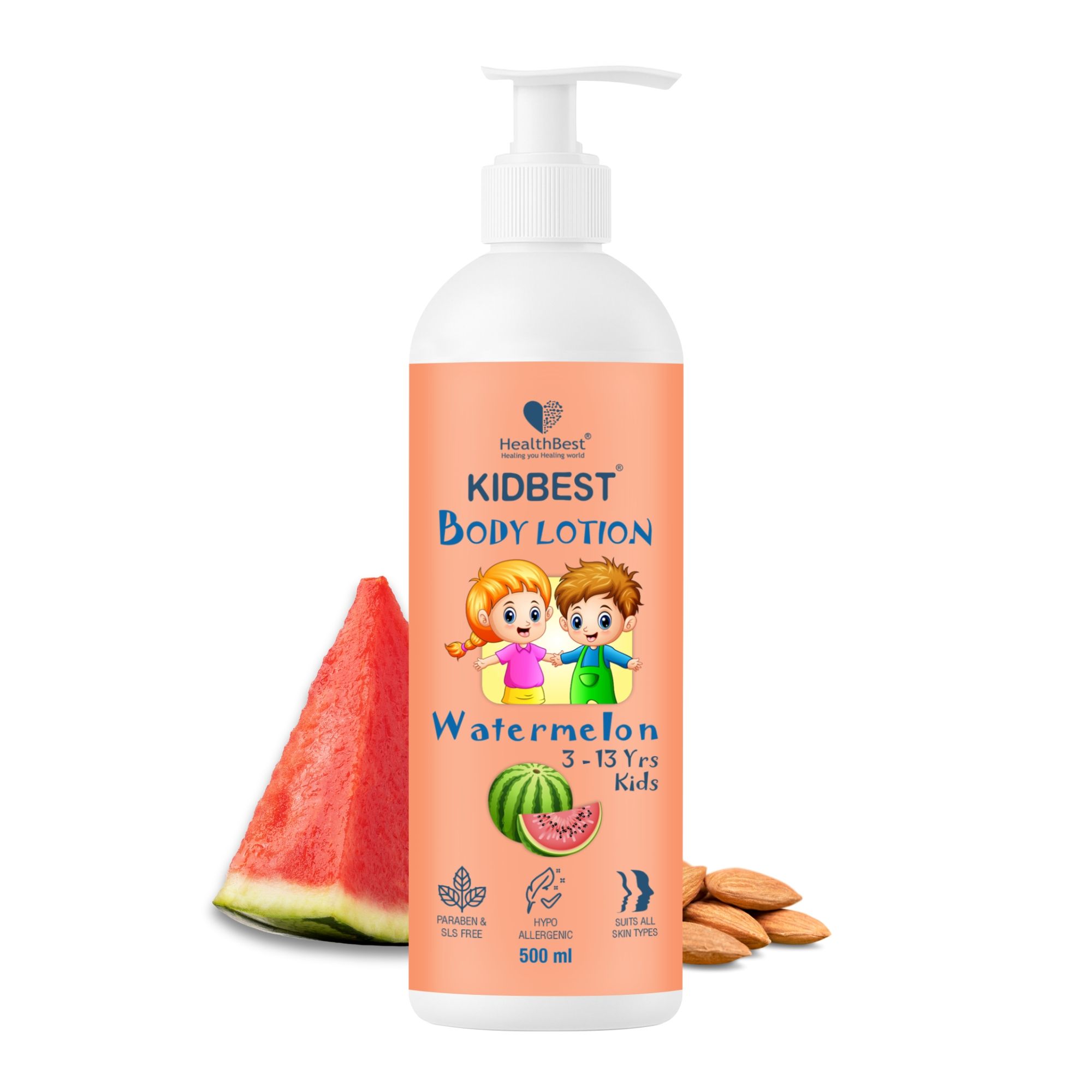 HealthBest Kids Body Lotion 500ml - Tear Free, Watermelon Moisturizer with Shea Butter & Vitamin E – Antibacterial, Paraben & SLS Free