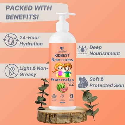 HealthBest Kids Body Lotion 500ml - Tear Free, Watermelon Moisturizer with Shea Butter & Vitamin E – Antibacterial, Paraben & SLS Free