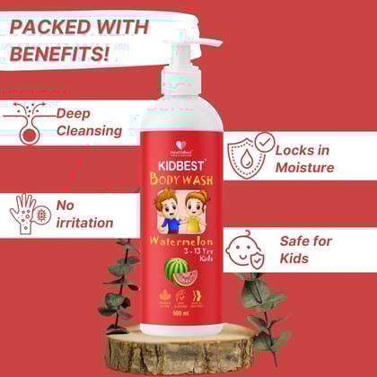HealthBest Kid's Top to Toe Body Wash 500ml - Watermelon Scent - Tear-Free, Anti-Bacterial, Paraben & SLS-Free - Gentle for Normal, Sensitive & Dry Skin - Baby, Toddler & Child Body Wash