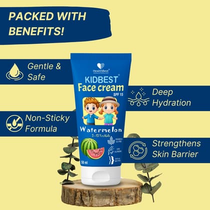 Healthbest Kids Face Cream SPF 15, 50ml - Baby Cream for 3-13 years - Suitable for All Skin Type - Tear, Paraben & SLS-Free Watermelon Flavor