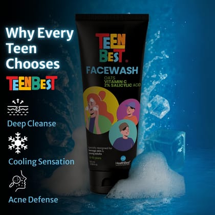 HealthBest 2% Salicylic Acid Face Wash for Teens Fights Acne Pimples & Blackheads Gentle Cooling Cleanser with Niacinamide, Aloe Vera & Oat Extract for Oily & Sensitive Skin, Boys & Girls 100ml