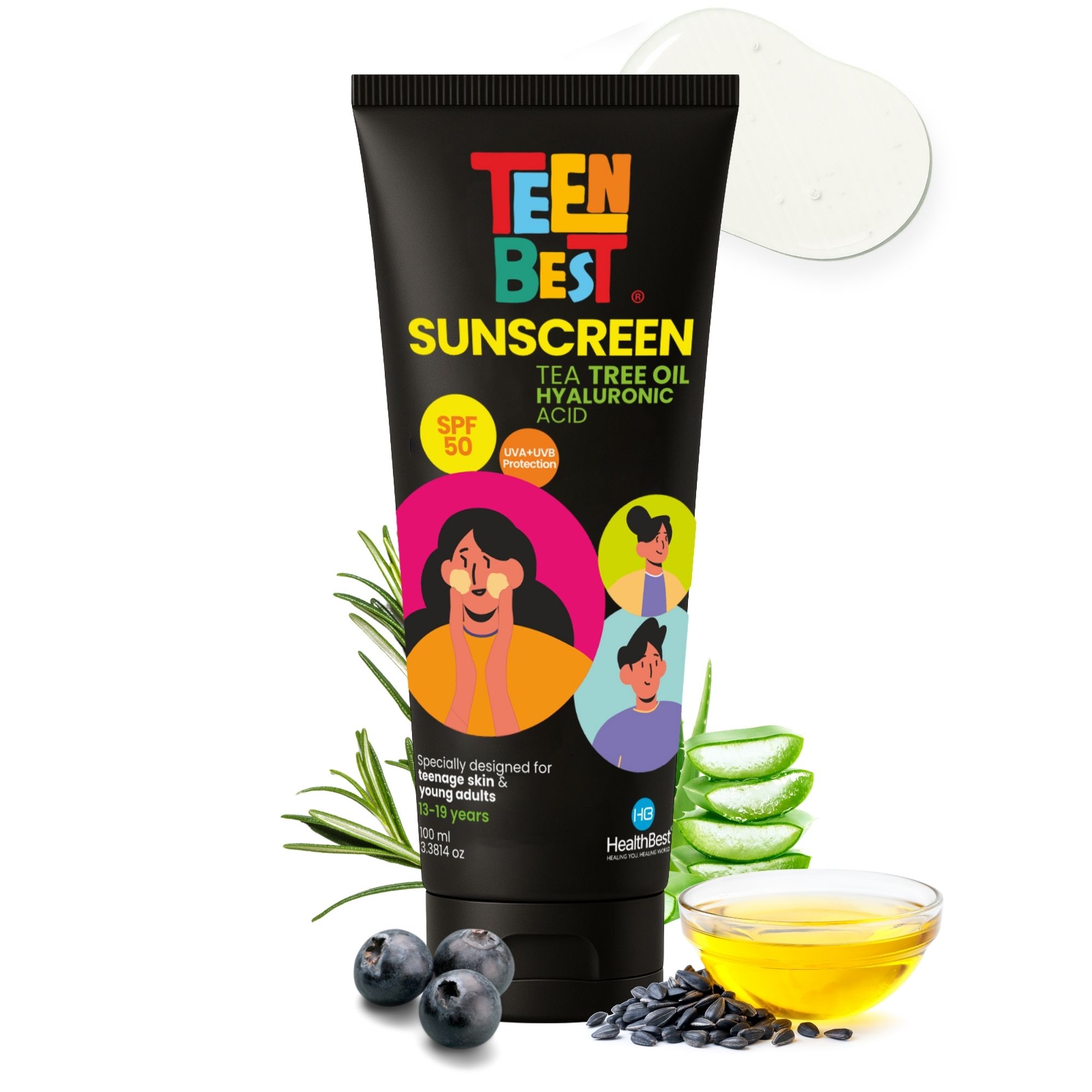 HealthBest Sunscreen SPF 50 PA++++ for Teens & Youth - 100ml, Daily Use Lightweight Face Sunscreen with No White Cast, Non-Greasy Texture, Broad Spectrum UVA UVB & Blue Light Protection, Enriched with Aloe Vera, Vitamin C, Blueberry & Hyaluronic Acid