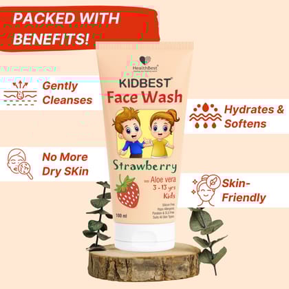 HealthBest Kids Face Wash 100ml with Organic Strawberry - Natural, Non Toxic & Safe - For Normal, Oily & Combination Skin - Tear-Free, Paraben-Free, SLS-Free - Nourishing & Brightening Daily Cleanser