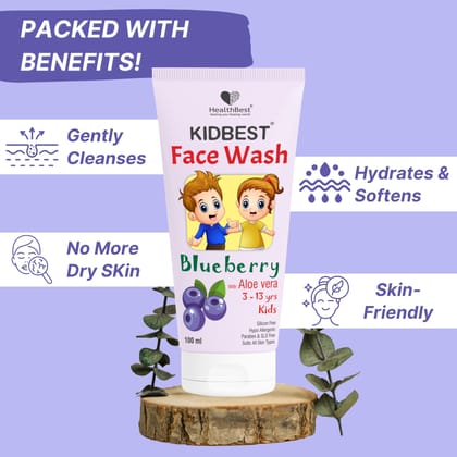 HealthBest Kids Multivitamin Face Wash - 100ml with Organic Blueberry - Natural, Non Toxic & Safe - For Normal, Oily & Combination Skin - Tear-Free, Paraben-Free, SLS-Free - Nourishing & Brightening Daily Cleanser