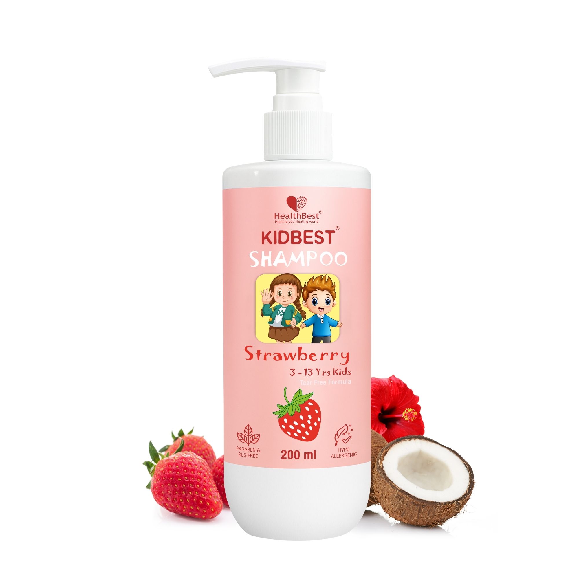 HealthBest Kids Gentle Cleansing Shampoo 200 ml for 3-13 Years with Real Strawberry Extract Almond Oil and Vitamin E Tear-Free Hypoallergenic pH 5.5 Sulphate and Paraben Free Vegan Safe for Sensitive Scalps