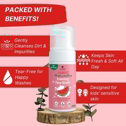 HealthBest Kids Foaming Face Wash - Watermelon & Aloe Vera - Boosts Vitamin C for Healthy Skin - Organic Gentle Cleanser for Baby & Teens, Tear-Free, Paraben-Free - 100 ml
