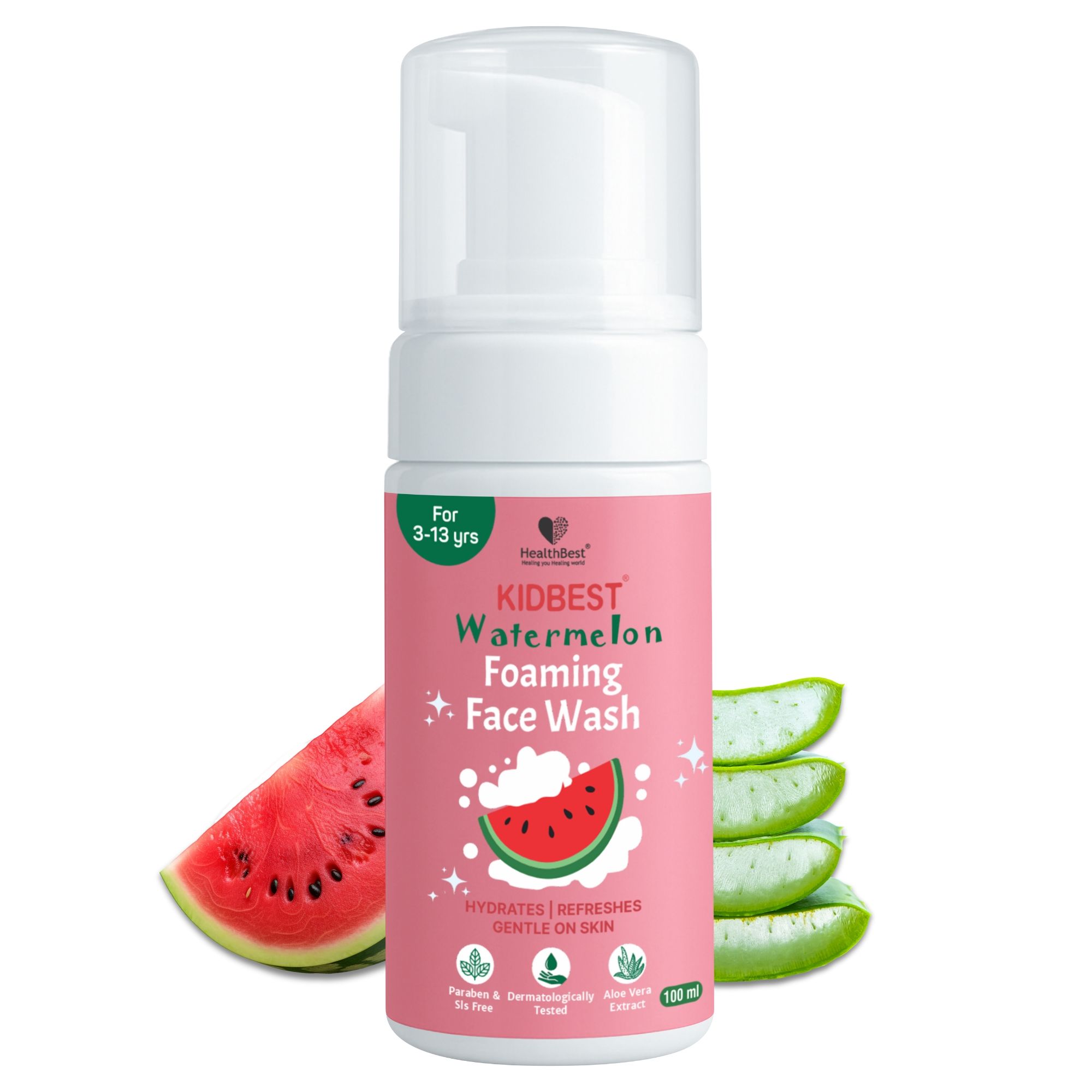HealthBest Kids Foaming Face Wash - Watermelon & Aloe Vera - Boosts Vitamin C for Healthy Skin - Organic Gentle Cleanser for Baby & Teens, Tear-Free, Paraben-Free - 100 ml