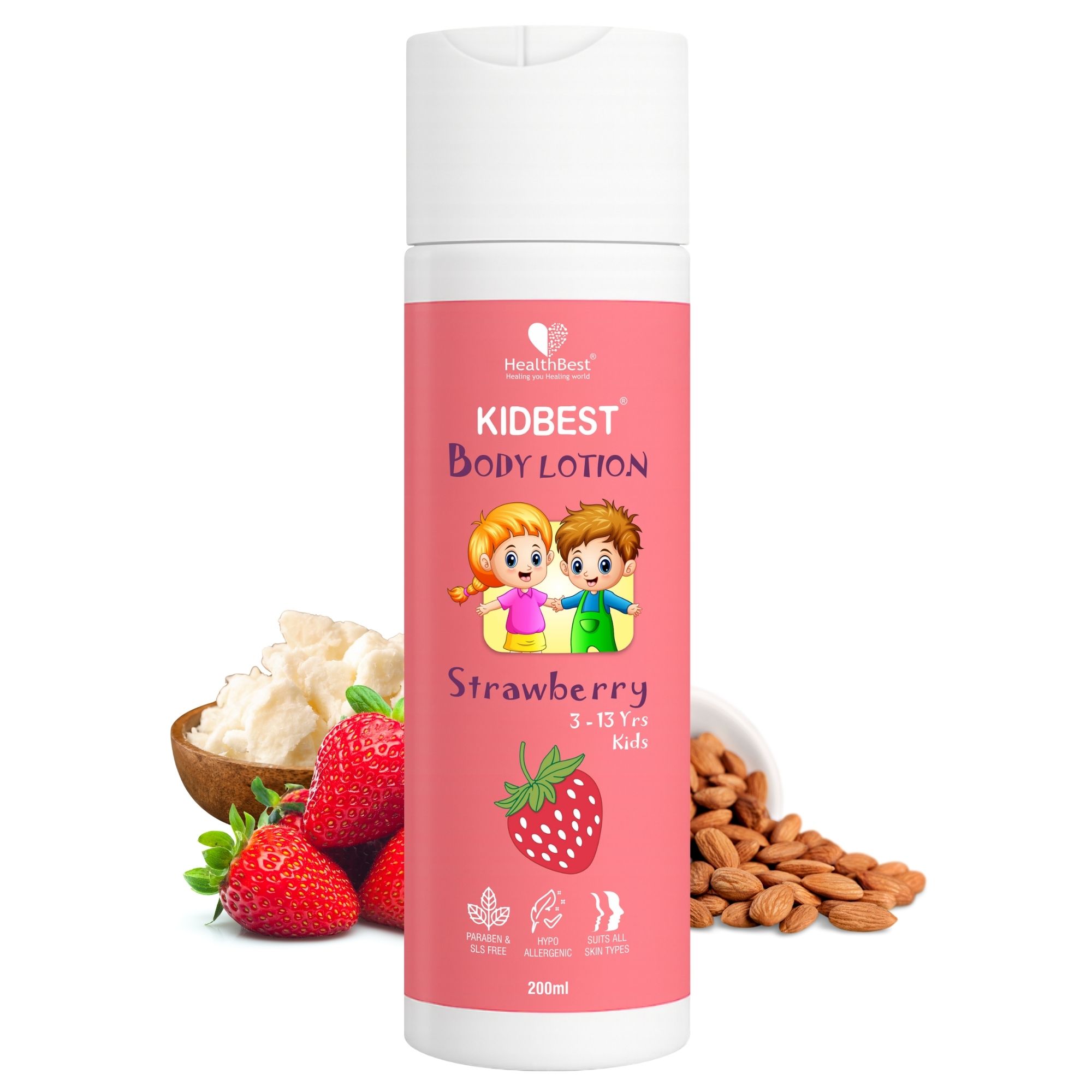 HealthBest Kids Strawberry Body Lotion Daily School Moisturizer for Summer Winter Care with Almond Oil - 200ml