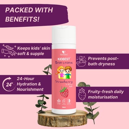 HealthBest Kids Strawberry Body Lotion Daily School Moisturizer for Summer Winter Care with Almond Oil - 200ml