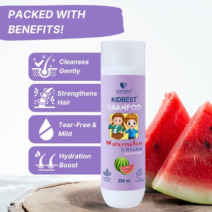 HealthBest Kids Tear-Free Shampoo 200 ml - Watermelon, Gentle & Nourishing Hair Cleanser - Sulphate & Paraben Free - For Daily Use