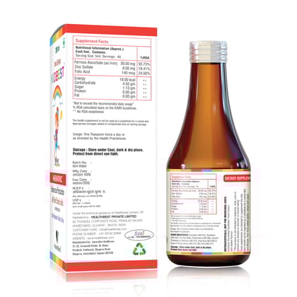 HealthBest Kids Iron (Haematinic) Syrup | Zinc | Folic Acid - 200ml