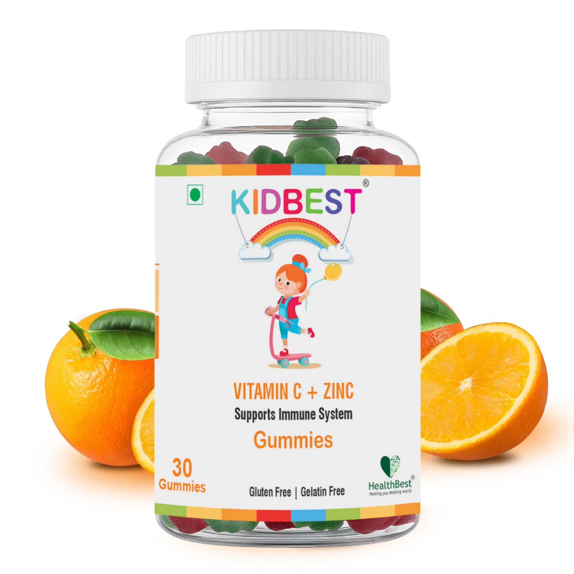 HealthBest Kids Vitamin C & Zinc Orange Gummies - 30 Gummies Increase Growth Stamina & Energy Antioxidants