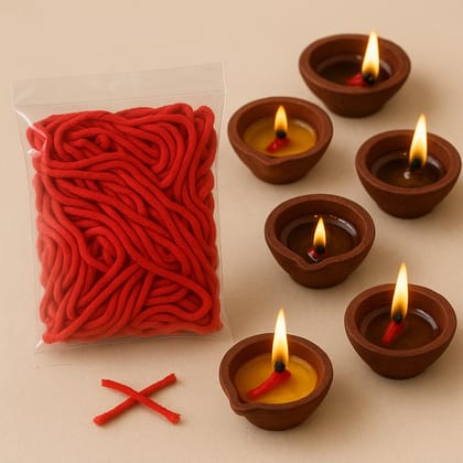Red Cotton Diya Wicks (3 Inch, 100 Pcs) – Pure Cotton for Oil & Ghee Diyas