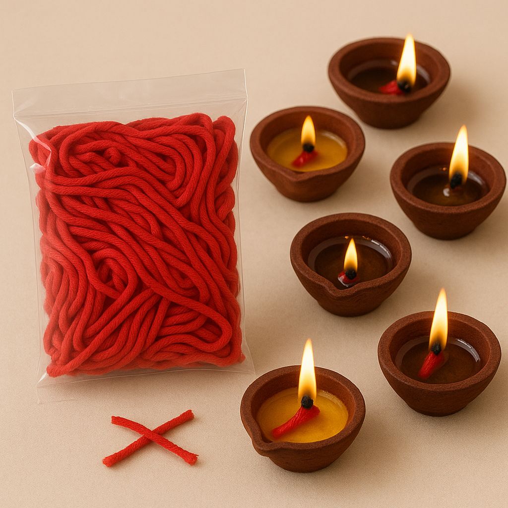 Red Cotton Diya Wicks (3 Inch, 100 Pcs) – Pure Cotton for Oil & Ghee Diyas