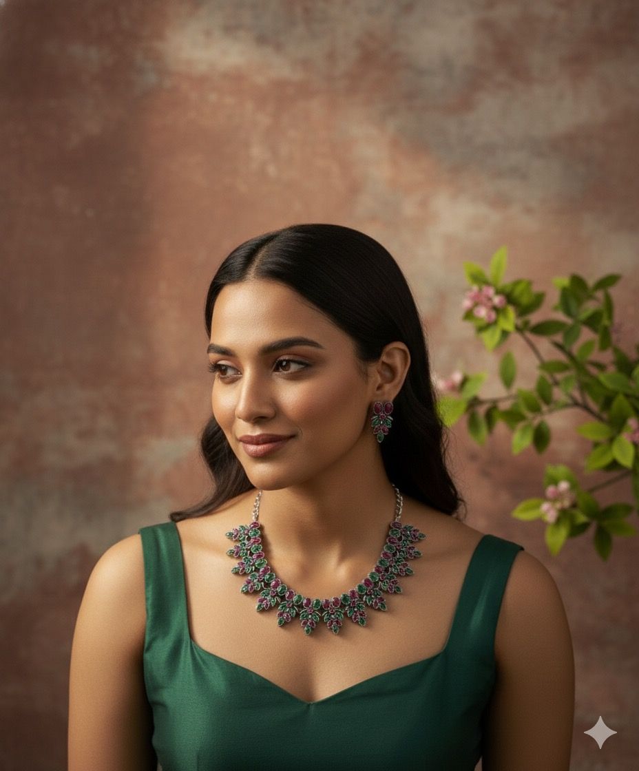 Elegant Green and Pink Stones Jewellery Set