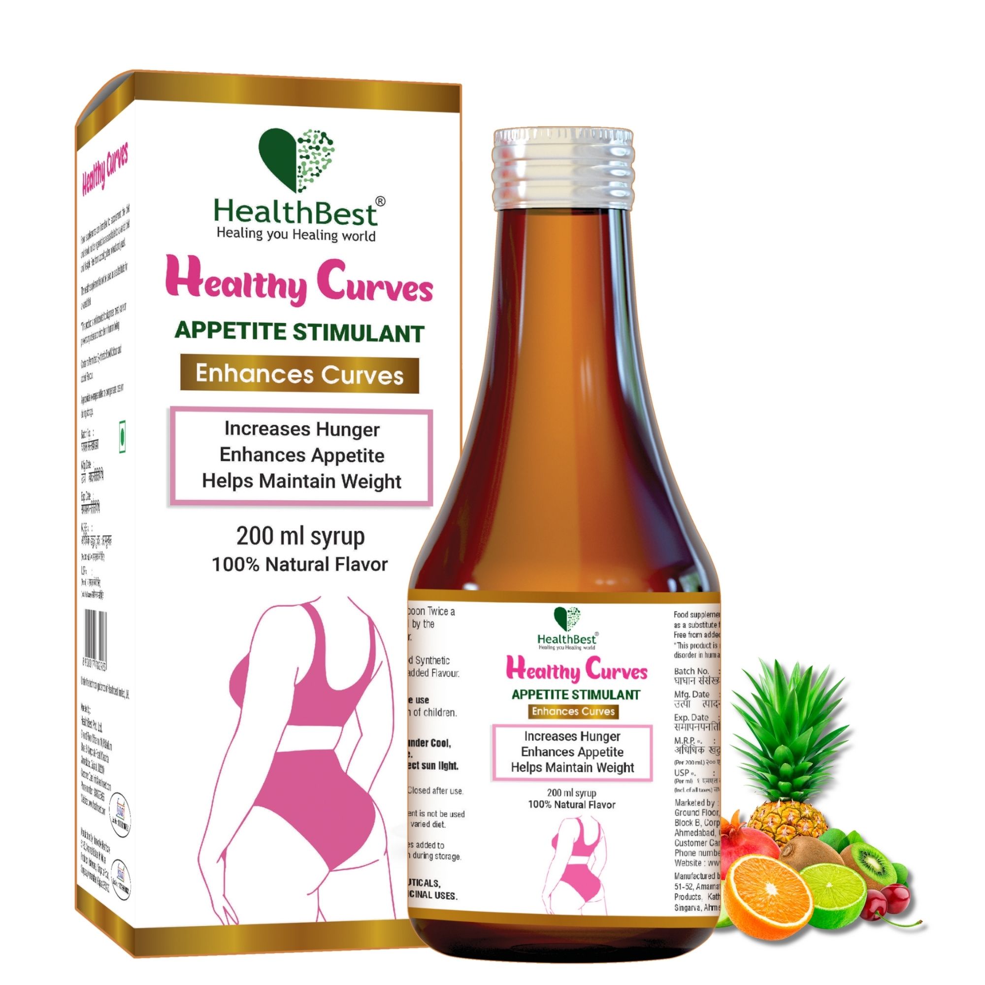 HealthBest Healthy Curves Weight Gain Syrup for Women & Girls - 200ml - Enhance Curves & Body Shape - Boost Appetite, Digestive Metabolism & Energy Tonic - Pineapple Flavor