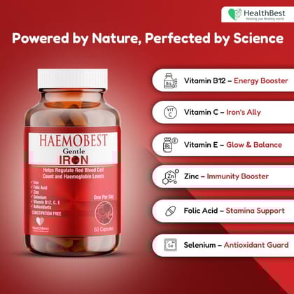 HealthBest Haemobest Iron Supplement | Iron, Folic Acid, Zinc & B12 for Hemoglobin Support, Energy & Immunity | For Men & Women - 60 Capsules