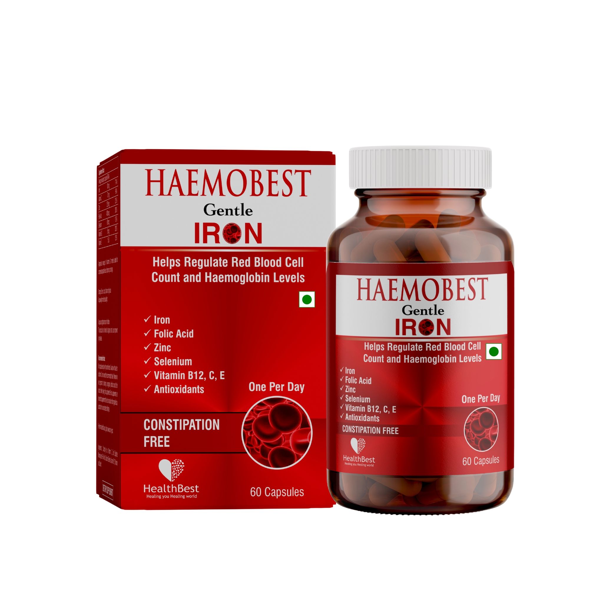 HealthBest Haemobest Iron Supplement | Iron, Folic Acid, Zinc & B12 for Hemoglobin Support, Energy & Immunity | For Men & Women - 60 Capsules