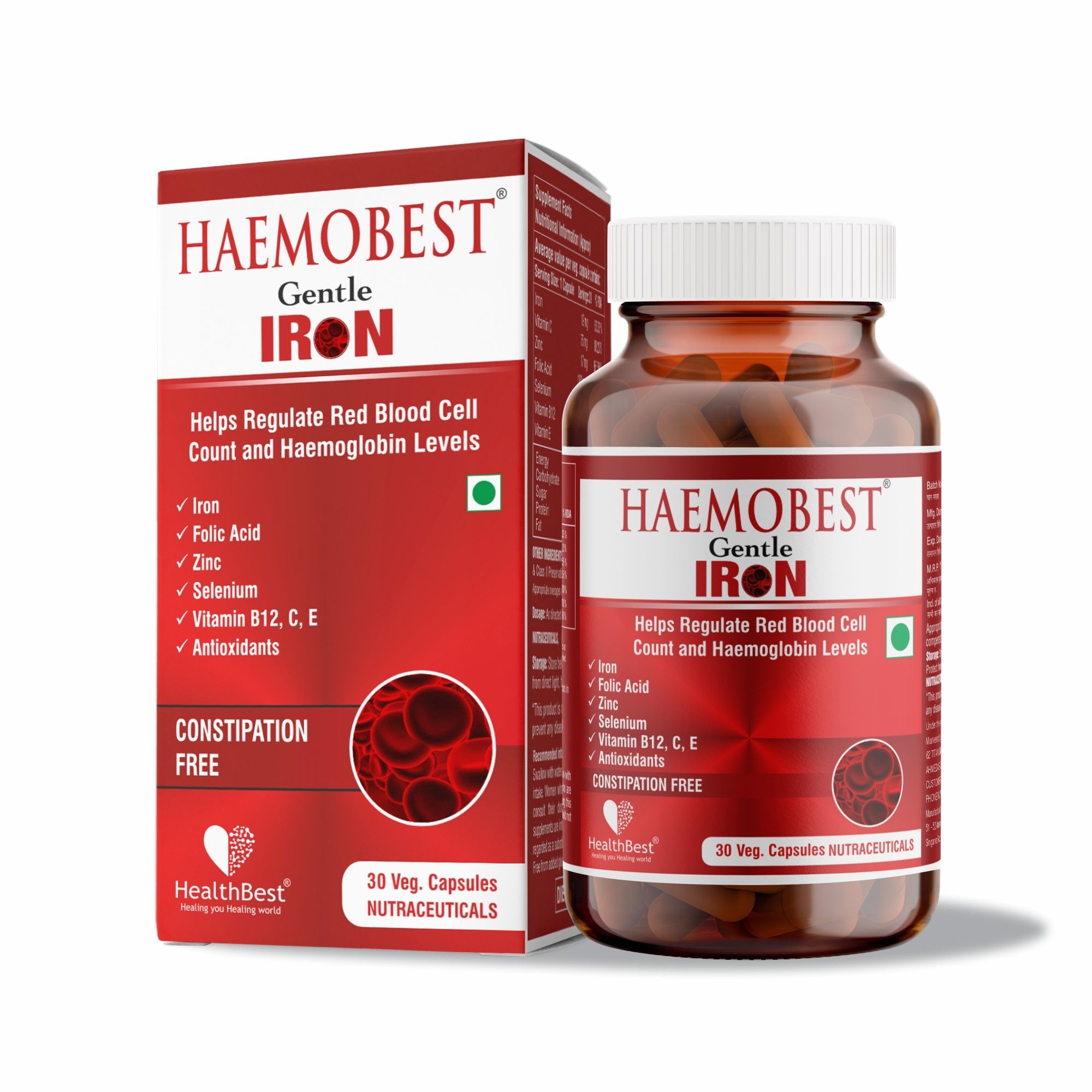 HealthBest Haemobest Iron Supplement | Iron, Folic Acid, Zinc & B12 for Hemoglobin Support, Energy & Immunity for Men & Women - 30 Capsules