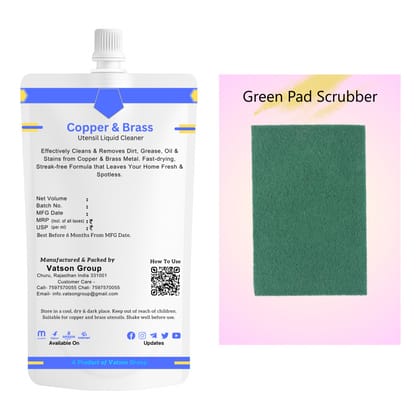 Copper & Brass Cleaner | Removes Oxidation, Dark Spots, Tarnish | Quick Shine for Utensils, Decor, Pooja Items | 100ml Refill Pack with Green Pad Scrubber