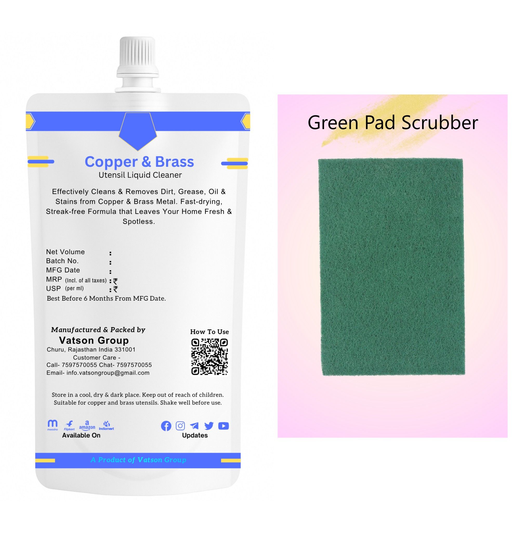 Copper & Brass Cleaner | Removes Oxidation, Dark Spots, Tarnish | Quick Shine for Utensils, Decor, Pooja Items | 100ml Refill Pack with Green Pad Scrubber