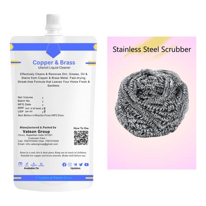 Copper & Brass Cleaner | Removes Oxidation, Dark Spots, Tarnish | Quick Shine for Utensils, Decor, Pooja Items | 100ml Refill Pack with Stainless Steel Scrubber