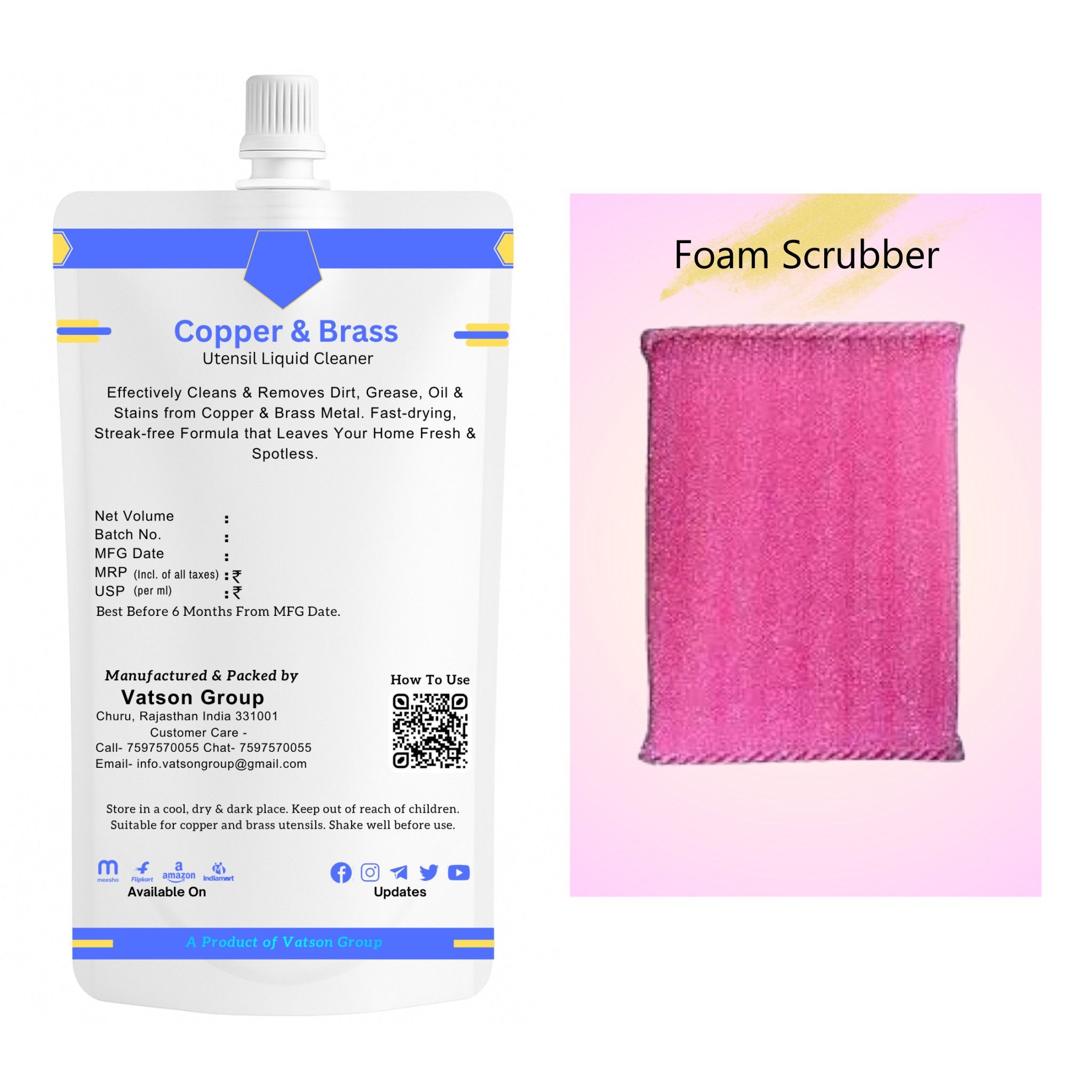 Copper & Brass Cleaner | Removes Oxidation, Dark Spots, Tarnish | Quick Shine for Utensils, Decor, Pooja Items | 100ml Refill Pack with Foam Scrubber