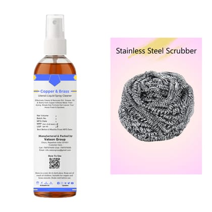 Copper & Brass Cleaner Spray | Removes Oxidation, Dark Spots, Tarnish | Quick Shine for Utensils, Decor, Pooja Items | 100ml with Stainless Steel Scrubber