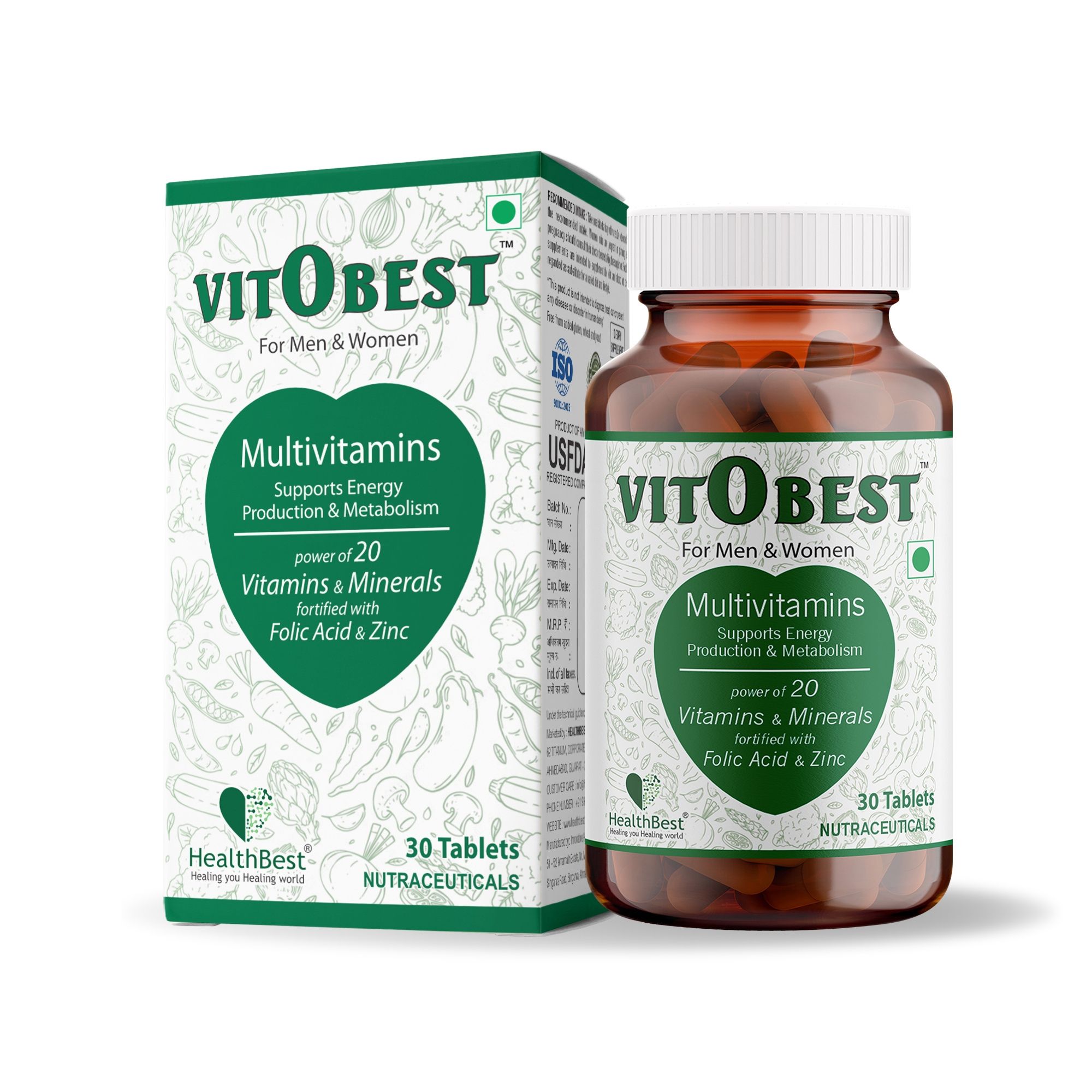 HealthBest VitoBest Multivitamin Tablets for Men & Women - 30 Tablets – Energy, Immunity & Wellness Support with Vitamin C, D3, Zinc, B12