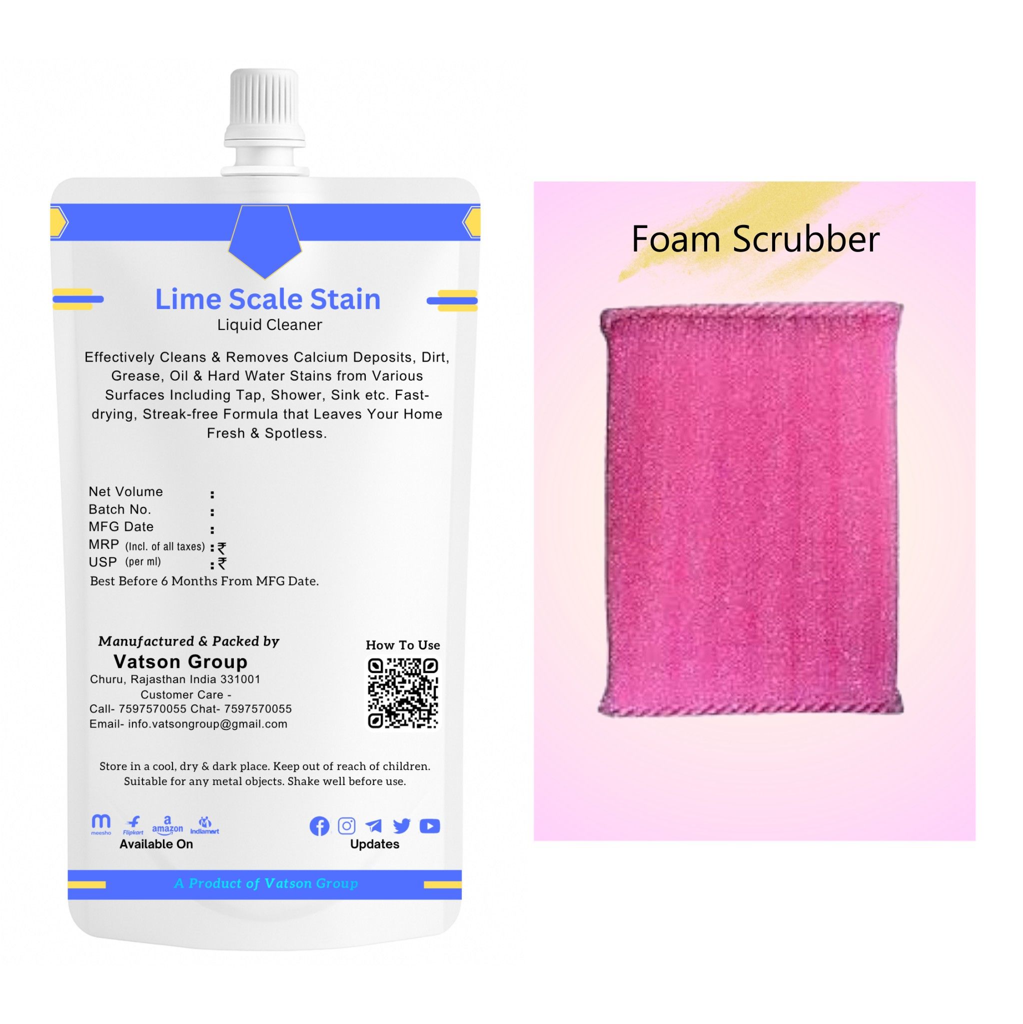 Lime Scale Stain Cleaner Spray | Removes Calcium, Mineral Deposits Descaler | Fast-Acting Shine for Tap, Faucet, Shower, Sink | 100ml Refill Pack with Foam Scrubber