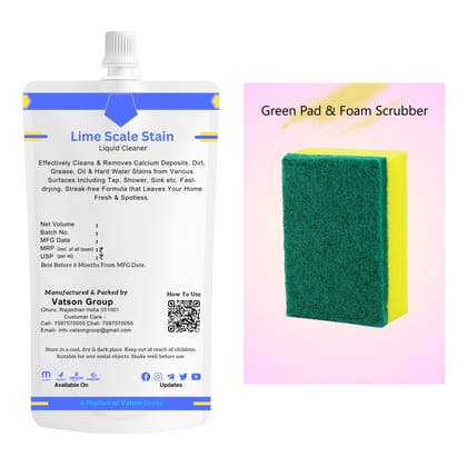 Lime Scale Stain Cleaner Spray | Removes Calcium, Mineral Deposits Descaler | Fast-Acting Shine for Tap, Faucet, Shower, Sink | 100ml Refill Pack with Green Pad & Foam Scrubber