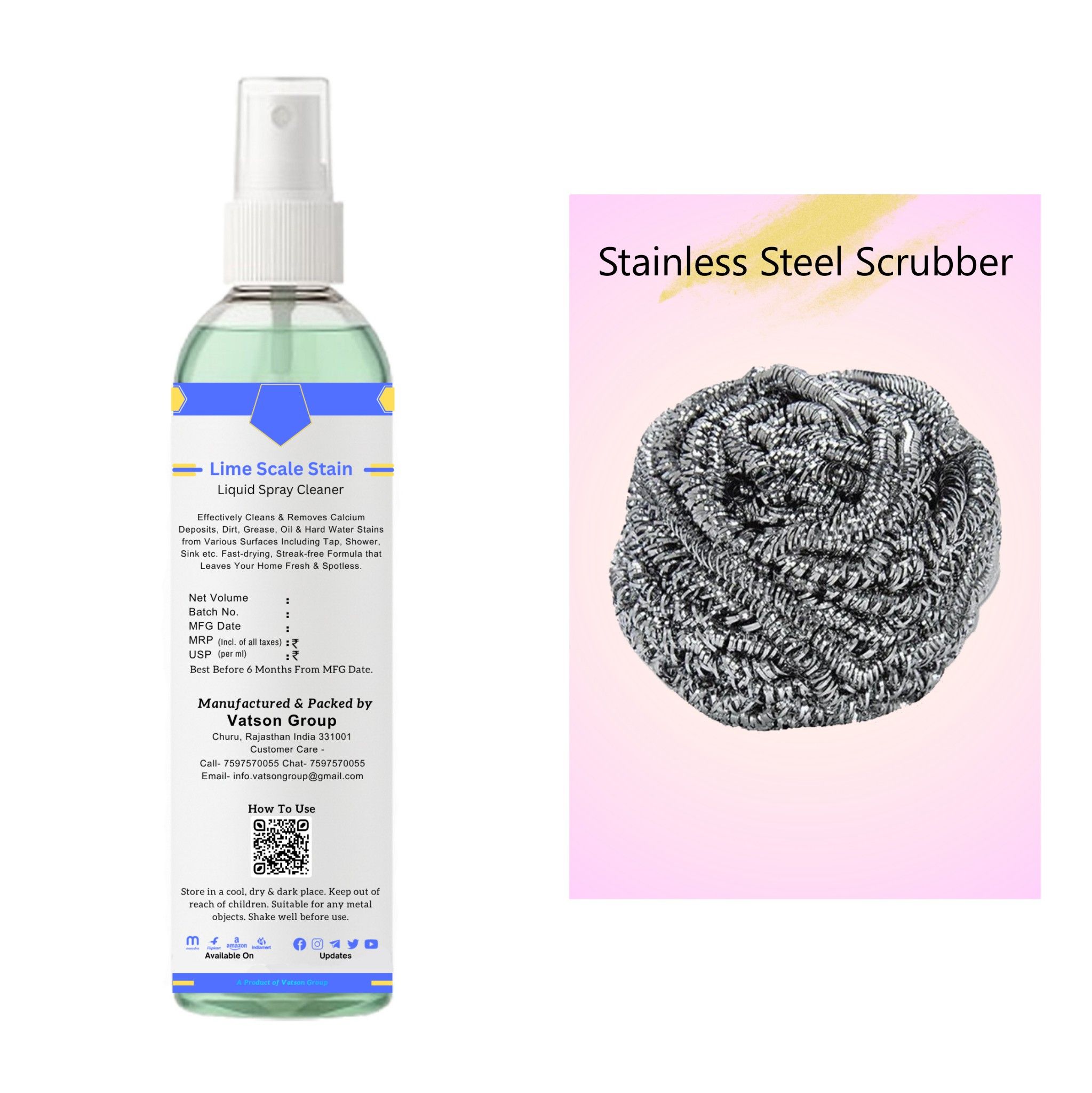 Lime Scale Stain Cleaner Spray | Removes Calcium, Mineral Deposits Descaler | Fast-Acting Shine for Tap, Faucet, Shower, Sink | 100ml with Stainless Steel Scrubber