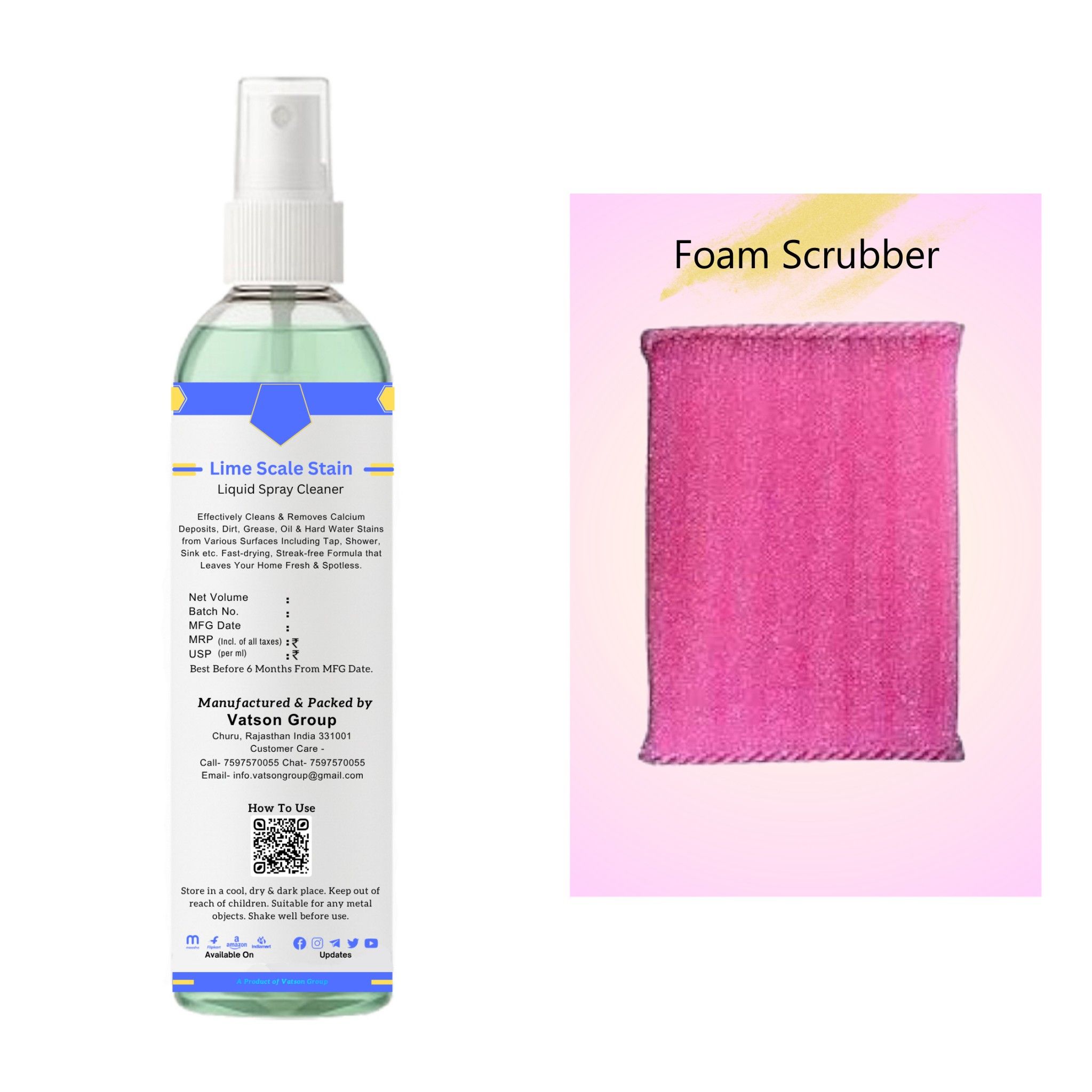 Lime Scale Stain Cleaner Spray | Removes Calcium, Mineral Deposits Descaler | Fast-Acting Shine for Tap, Faucet, Shower, Sink | 100ml with Foam Scrubber