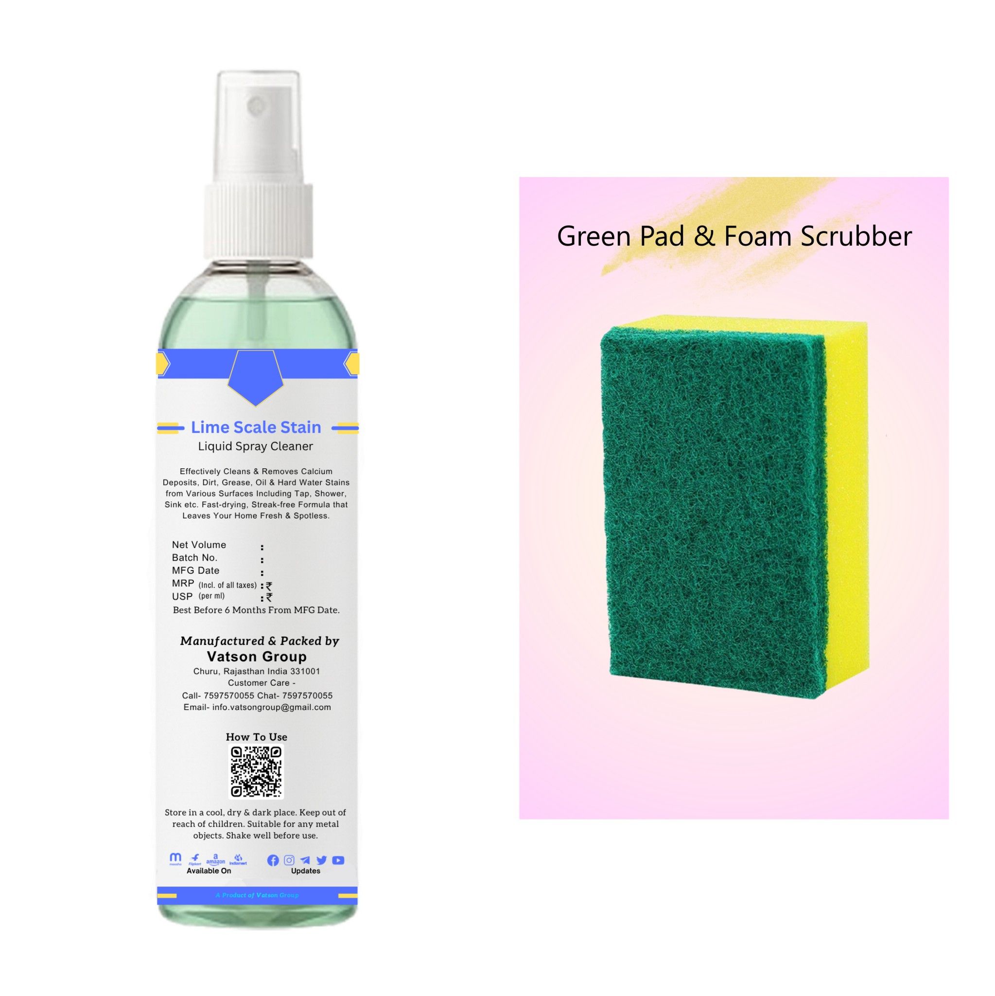 Lime Scale Stain Cleaner Spray | Removes Calcium, Mineral Deposits Descaler | Fast-Acting Shine for Tap, Faucet, Shower, Sink | 100ml with Green Pad & Foam Scrubber