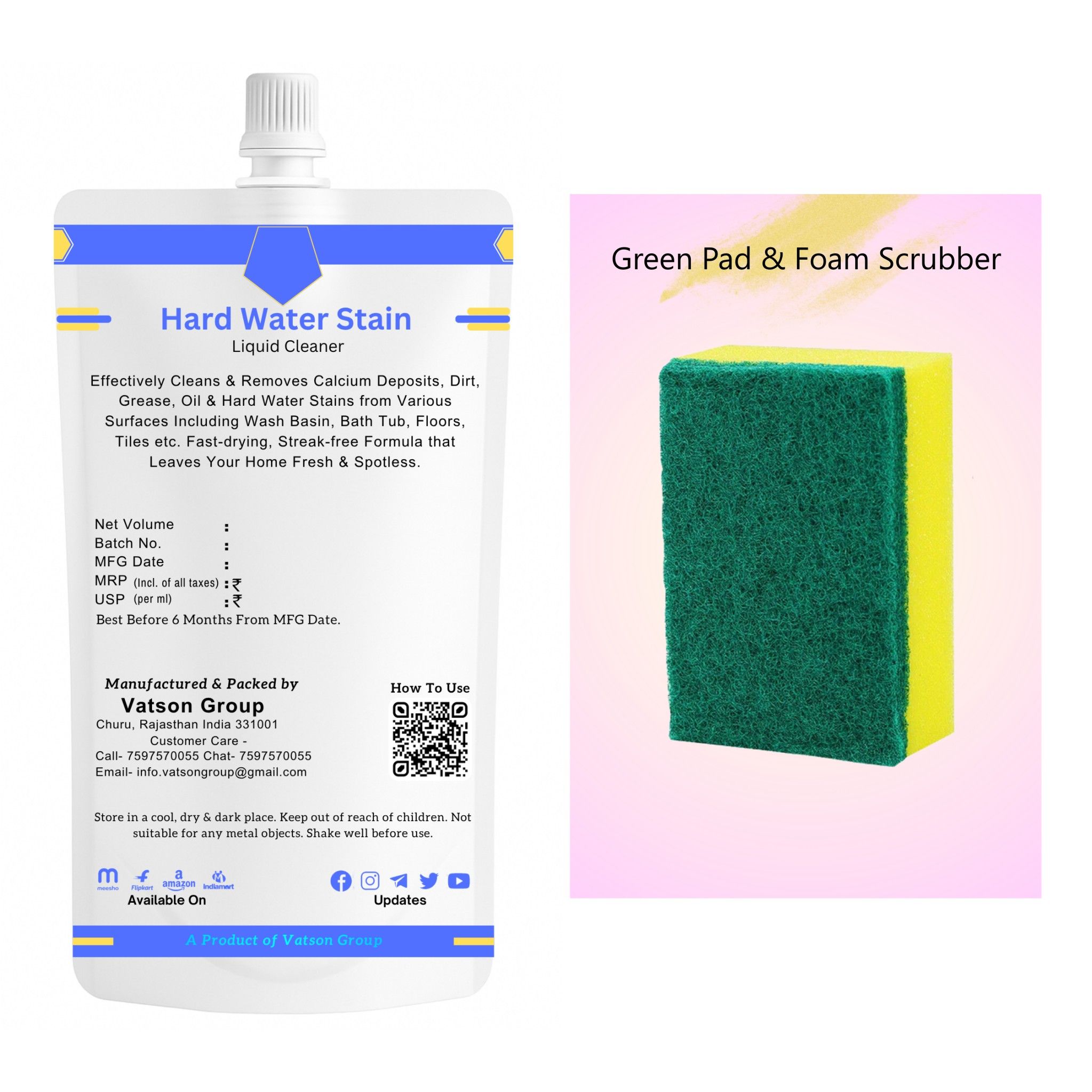 Hard Water Stain Cleaner | Removes Calcium & Mineral Deposits | Quick Shine for Tiles, Floor, Wash Basin, Bath Tub, Swimming Pool | 100ml Refill Pack with Green Pad & Foam Scrubber