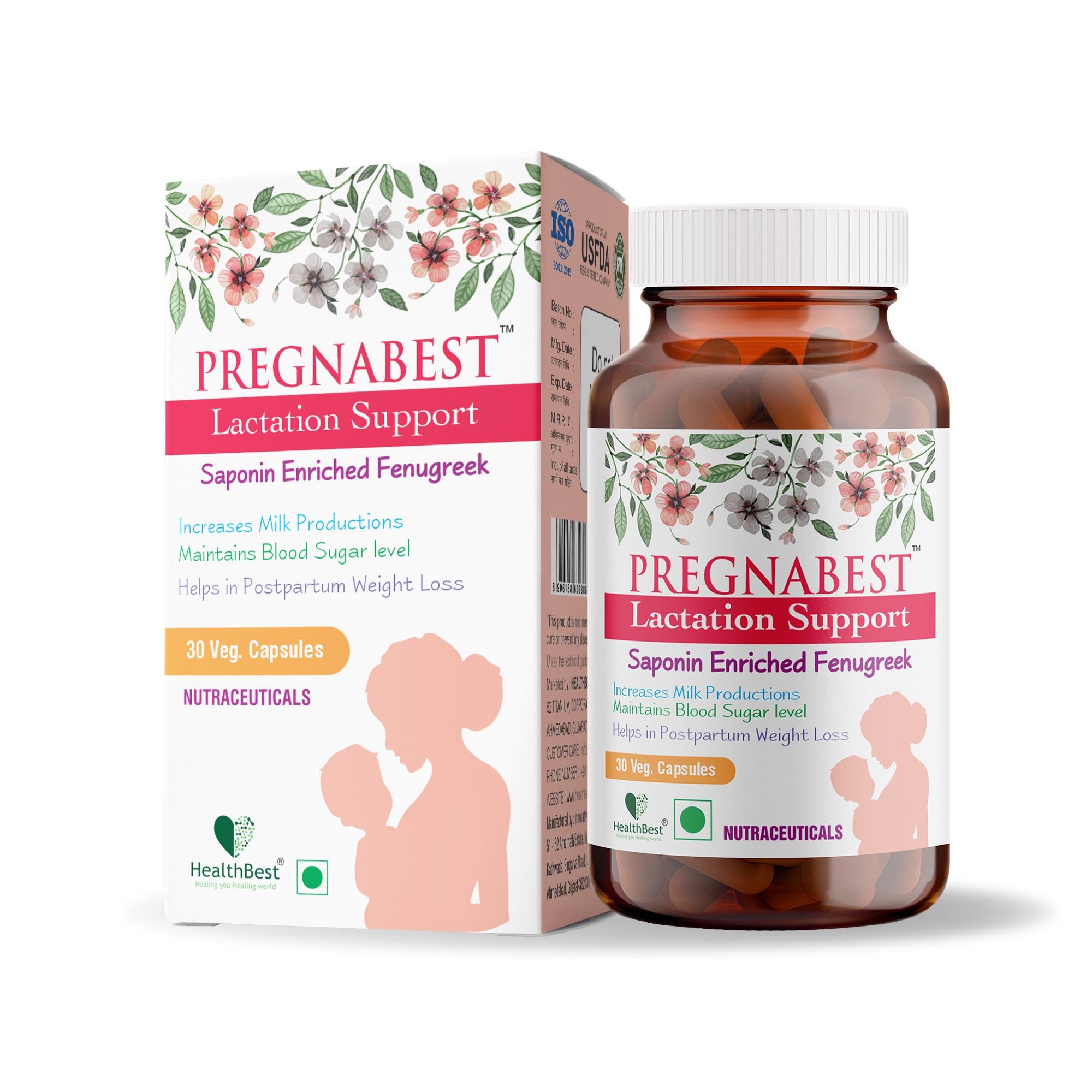 HealthBest Pregnabest Lactation Support for Women – 30 Capsules | Promotes Healthy Breast Milk Production | Natural Breastfeeding Supplement Herbal Formula with Fenugreek